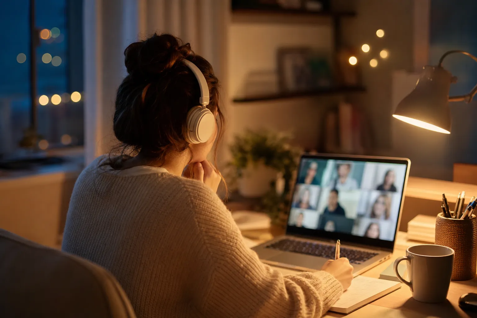 Person taking an online class at a home desk on a laptop
