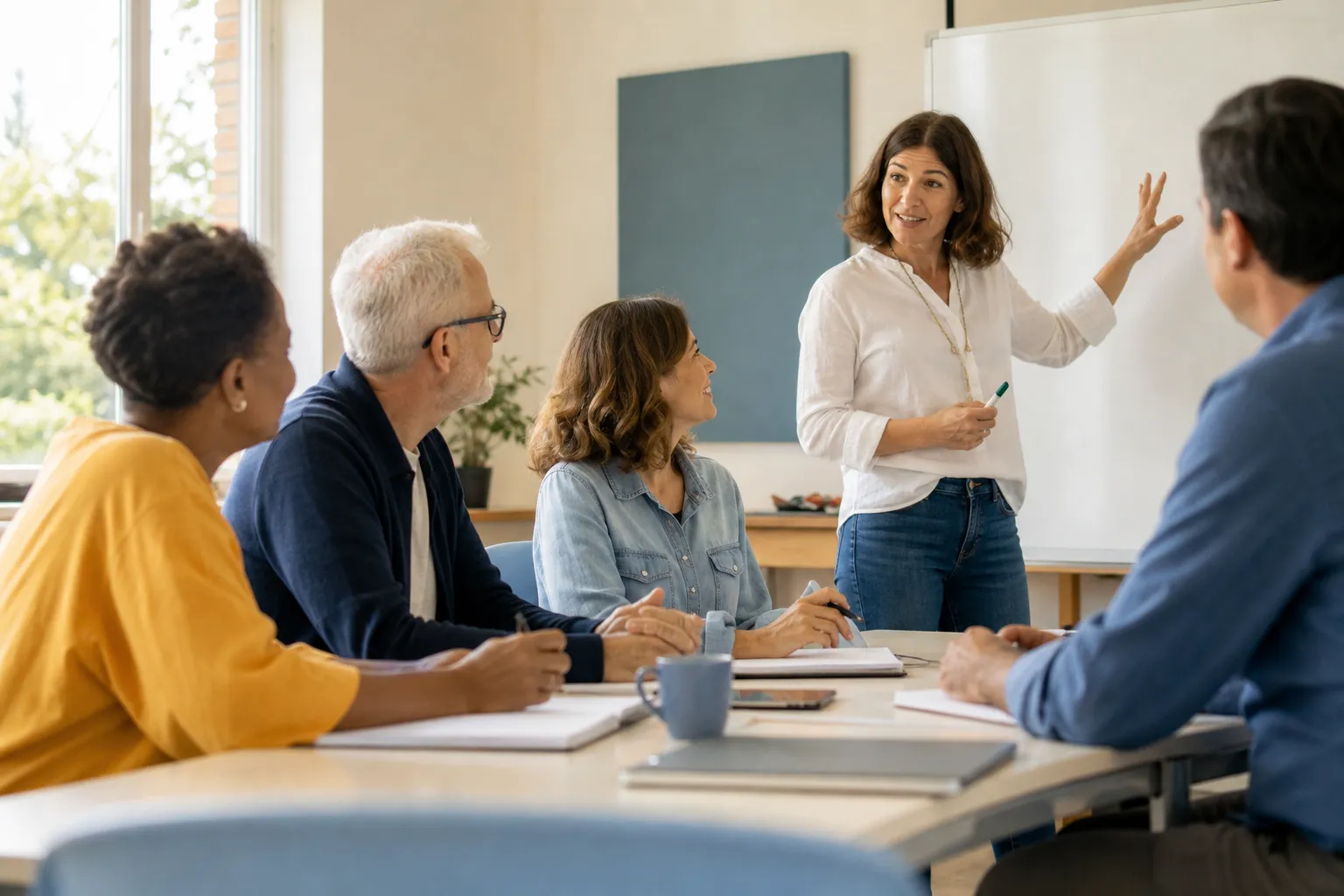 Small group of learners in a bright classroom with an instructor