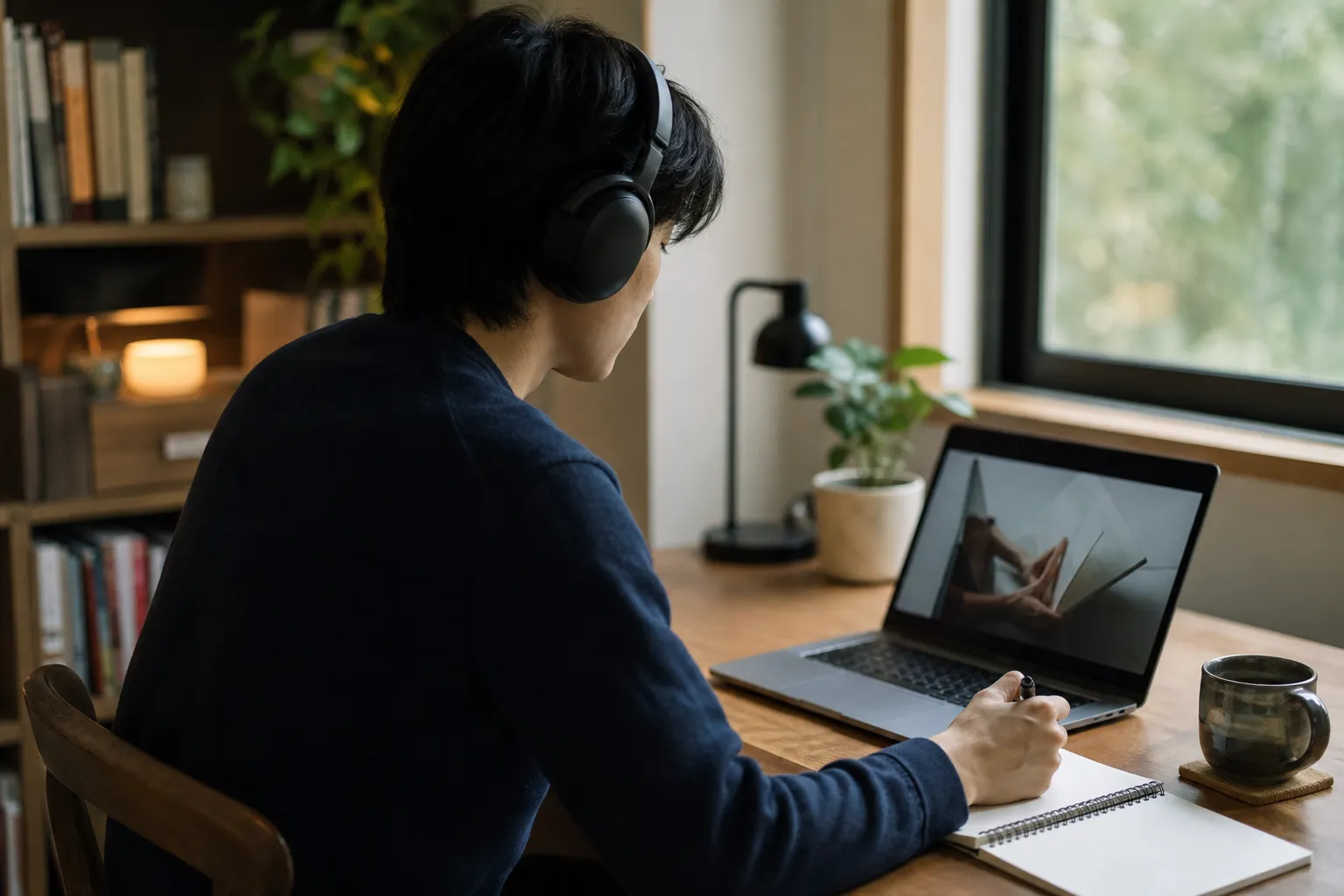 Person working through an online course alone at a desk at their own pace