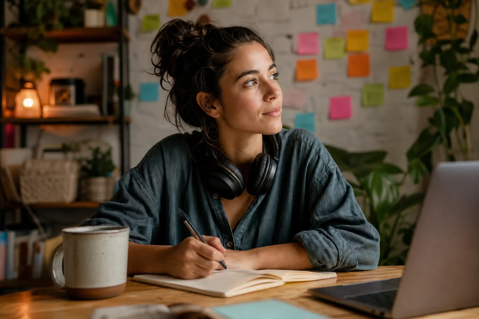 Learner at a cozy workspace with notebook and sticky notes